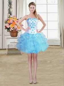 Dramatic Baby Blue Lace Up Dress for Prom Beading and Appliques and Ruffles Sleeveless Mini Length