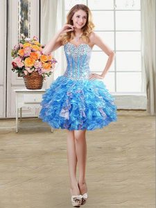 Baby Blue Sleeveless Beading and Ruffles and Sequins Mini Length Cocktail Dresses