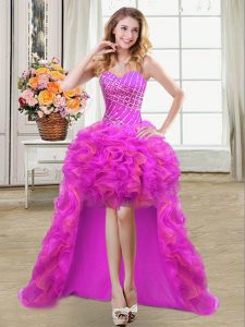High Low Purple Cocktail Dresses Organza Sleeveless Beading and Ruffles