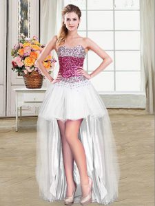 Comfortable Beading Prom Dresses White Lace Up Sleeveless High Low