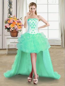 Turquoise Sleeveless High Low Beading and Appliques and Ruffles Lace Up Prom Dresses