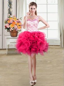 Straps Mini Length Lace Up Cocktail Dress Hot Pink for Prom and Party with Beading and Lace and Ruffles