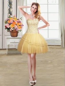 Modern Sweetheart Sleeveless Homecoming Dress Mini Length Beading and Sequins Gold Tulle