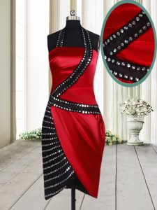 Custom Design Halter Top Beading Party Dresses Red And Black Side Zipper Sleeveless Knee Length