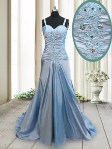 Amazing Straps With Train Criss Cross Prom Gown Light Blue for Prom and Party with Beading Sweep Train