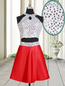 Halter Top Beading Evening Dress White And Red Criss Cross Sleeveless Mini Length