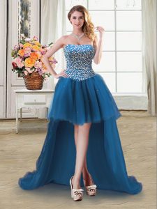 Modest Sleeveless Tulle High Low Lace Up Cocktail Dresses in Teal with Beading