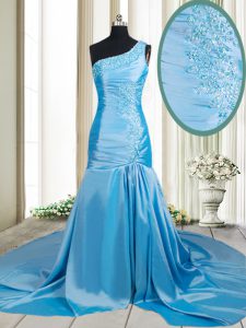 Mermaid Baby Blue Elastic Woven Satin Zipper One Shoulder Sleeveless Prom Dress Brush Train Beading and Appliques