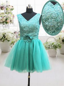 Decent Sleeveless Mini Length Beading and Lace and Belt and Hand Made Flower Lace Up with Turquoise