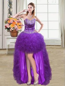 High End Beading and Ruffles Prom Dresses Eggplant Purple Lace Up Sleeveless Mini Length
