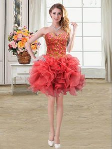 Deluxe Mini Length Coral Red Evening Dress Sweetheart Sleeveless Lace Up