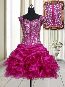 Fuchsia A-line Organza Straps Sleeveless Beading and Ruffles Mini Length Lace Up Homecoming Dress