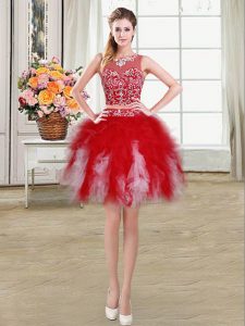 Flare Red Tulle Zipper Scoop Sleeveless Mini Length Prom Dresses Beading and Ruffles