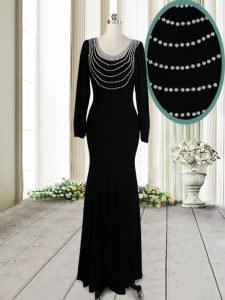 Black Column/Sheath Scoop Long Sleeves Elastic Woven Satin Floor Length Backless Beading Mother Of The Bride Dress