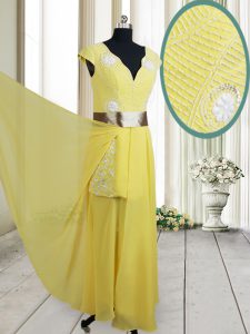 Great Yellow Zipper Evening Dress Beading and Belt Cap Sleeves Floor Length