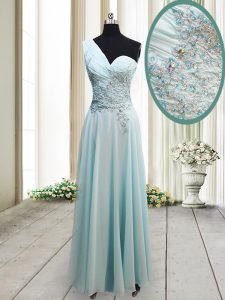 Fitting Light Blue One Shoulder Side Zipper Beading and Appliques Evening Dress Sleeveless