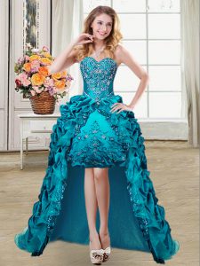 Teal Taffeta Lace Up Sweetheart Sleeveless High Low Cocktail Dresses Embroidery and Pick Ups