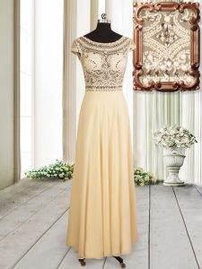 Scoop Champagne Empire Beading Dress for Prom Zipper Chiffon Cap Sleeves Floor Length