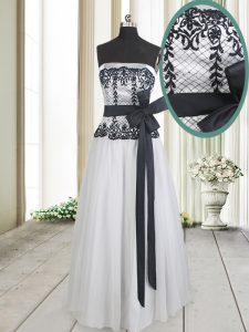Elegant Tulle Sleeveless Floor Length Homecoming Dress and Lace and Bowknot