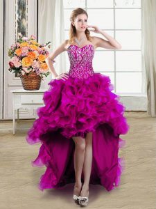 Traditional Sleeveless Lace Up High Low Beading Homecoming Dress