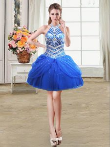 Pretty Halter Top Pick Ups Royal Blue Sleeveless Tulle Lace Up Evening Dress for Prom and Party