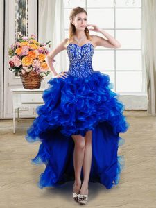 Cheap High Low Lace Up Prom Dress Royal Blue for Prom and Party with Beading and Ruffles