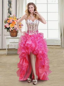 Low Price High Low Lace Up Homecoming Dress Hot Pink for Prom and Party with Beading and Ruffles