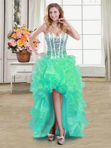 Exquisite Turquoise Sleeveless High Low Beading and Ruffles Lace Up Celeb Inspired Gowns