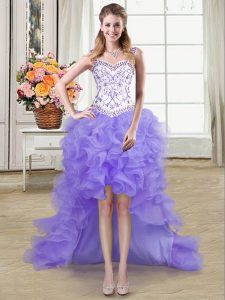 Attractive Lavender Ball Gowns Organza Straps Sleeveless Beading and Ruffles High Low Lace Up Celeb Inspired Gowns