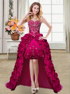 Beautiful High Low Lace Up Cocktail Dresses Fuchsia for Prom and Party with Beading and Embroidery and Pick Ups