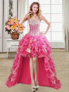 Fabulous Hot Pink Lace Up Sweetheart Beading and Ruffles and Sequins Cocktail Dresses Organza Sleeveless