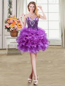 Luxurious Eggplant Purple Celebrity Prom Dress Prom and Party and For with Beading and Ruffles Sweetheart Sleeveless Lac