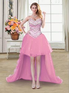 Pink A-line Organza Sweetheart Sleeveless Beading High Low Lace Up Homecoming Dress