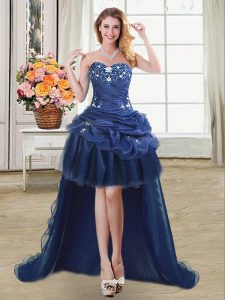 Pretty Navy Blue Organza Lace Up Sweetheart Sleeveless High Low Prom Dresses Beading and Appliques and Pick Ups