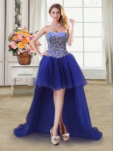 Sleeveless High Low Beading Lace Up Cocktail Dress with Royal Blue