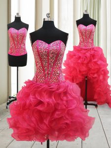High Low Hot Pink Oscars Dresses Organza Sleeveless Beading
