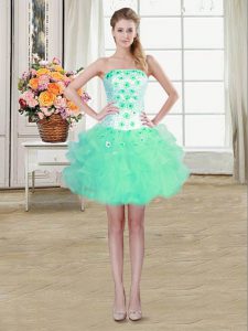 Turquoise Ball Gowns Organza Strapless Sleeveless Beading and Appliques and Ruffles Mini Length Lace Up Prom Gown