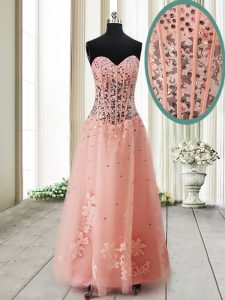 Luxurious Tulle Sweetheart Sleeveless Lace Up Beading Homecoming Dress in Peach