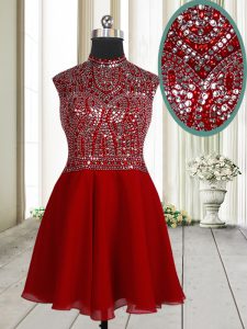 Captivating Scoop Red Sleeveless Mini Length Beading and Sequins Zipper Prom Gown