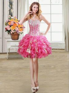 Elegant Hot Pink Sweetheart Neckline Beading and Ruffles and Sequins Prom Dresses Sleeveless Lace Up