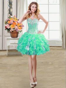 Turquoise Lace Up Evening Dress Beading and Ruffles and Sequins Sleeveless Mini Length