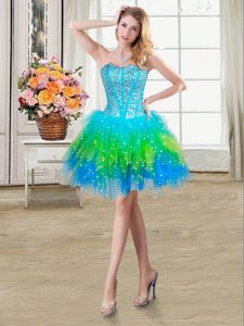 Beading and Ruffles Cocktail Dresses Multi-color Lace Up Sleeveless Mini Length