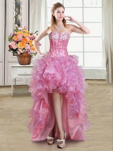 Traditional Pink Organza Lace Up Club Wear Sleeveless High Low Sequins