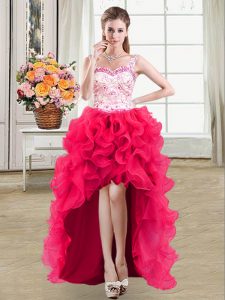 Exceptional Organza Straps Sleeveless Lace Up Beading and Lace and Ruffles Club Wear in Hot Pink