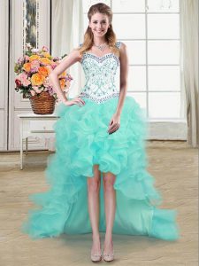Straps Sleeveless Lace Up High Low Beading and Ruffles