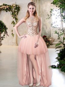 Spectacular Peach Ball Gowns Scoop Sleeveless Tulle High Low Zipper Beading Club Wear