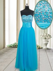 Low Price Baby Blue Empire Sweetheart Sleeveless Tulle Floor Length Lace Up Beading Evening Dress