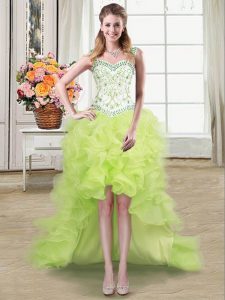 Straps High Low Lace Up Prom Gown Yellow Green for Prom and Party with Beading and Ruffles
