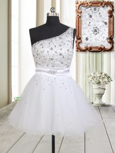 Best Selling One Shoulder White Sleeveless Mini Length Beading Zipper Dress for Prom