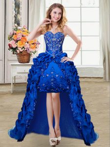 Low Price Royal Blue Ball Gowns Sweetheart Sleeveless Taffeta High Low Lace Up Beading and Embroidery and Pick Ups Cockt